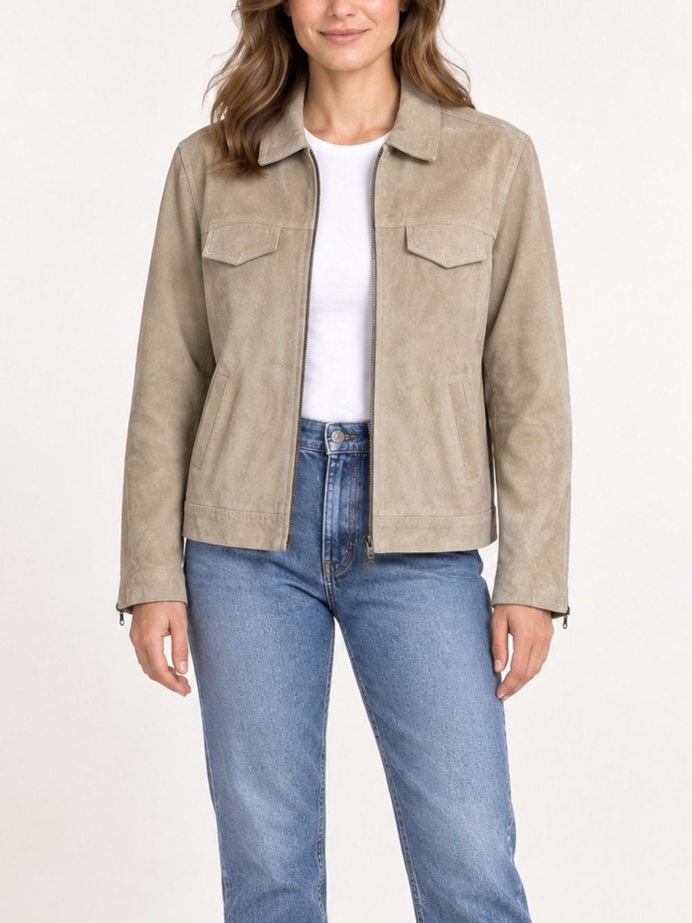 Denim & Co Beige Genuine Suede Leather Utility Jacket Size M Vintage 90s